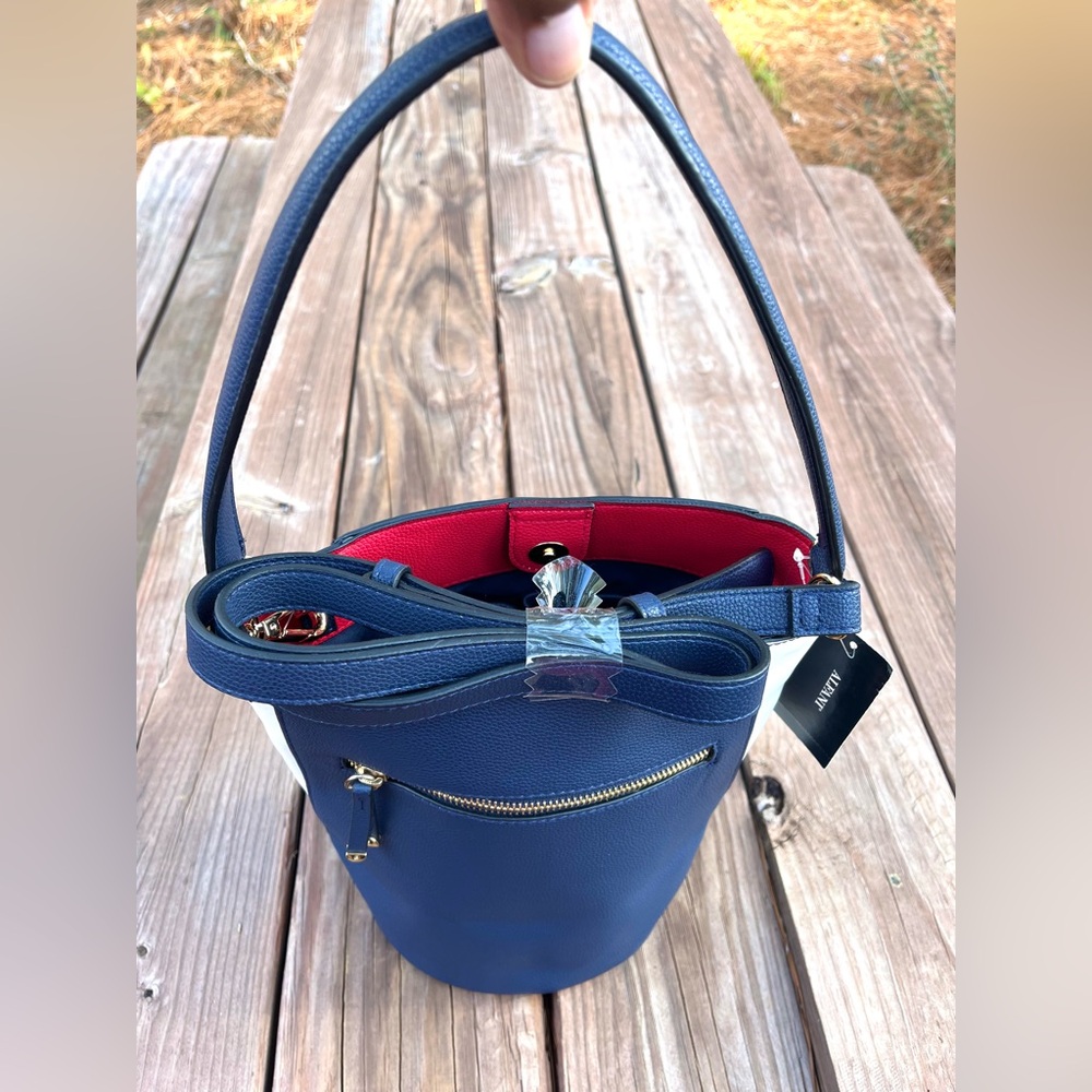 Alfani Toggle Bucket Handbag Purse New Red/White/Navy Blue
